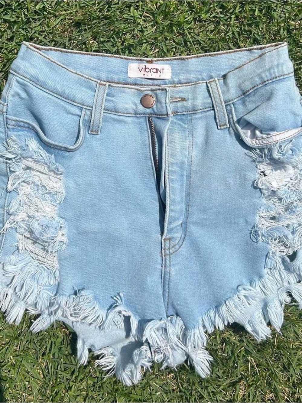 Vibrant Sky Blue Frayed Hem Distressed Denim Shorts
